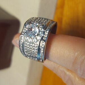 Silvertone Wide Clear Stone Band Ring Solitaire Size 10 Mens Unisex